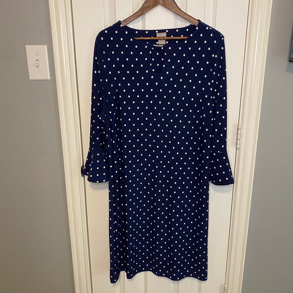 Chicos Navy Blue White Polka Dot Bell Sleeve Shift Dress Size 3 US 16 Keyhole